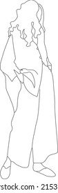 Fashion girl posing. Street style. Nice vector flat line art illustration. Vector element for decoration in the style of minimalism. Fashion model. Imitation of drawing by one line. Trendy look