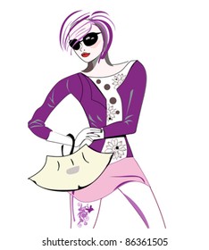 Fashion girl in purple clothes in sunglasses and with shopping bag