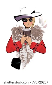 Fashion girl in red coat with a paper cup of coffee. Hand drawn vector illustration.