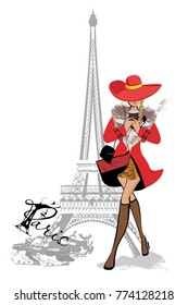 Fashion girl in red coat with a paper cup of coffee in Paris. The Eiffel Tower. Hand drawn vector illustration.