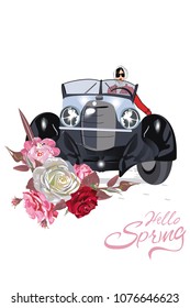 Fashion girl in red dress driving the retro car. Rose flowers. Vector illustration.