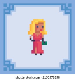 Fashion Girl In Red Dress. Pixel Art Character. Vector Illustration In 8 Bit Style