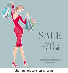 Fashion girl in red dress sale shopping hand drawn illustration Background 