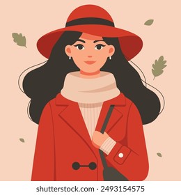 Fashion girl in a red jacket flat style vector illustration