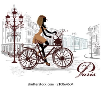 Fashion girl rides a bicycle, decorated with a musical stave and butterflies, the streets of the old town. 