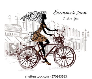Fashion girl rides a bicycle the streets of the old town. Hand drawn illustration. Beautiful woman with long curly hair in lines.