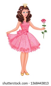 Fashion girl with a rose. A beautiful Princess in a pink dress. Romantic story. Isolated illustration. Fairytale. Vector.