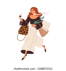 Fashion girl running with shopping bags, purse and coffee cup in hands. Modern young woman hurrying, rushing for sales. Fast lifestyle concept. Flat vector illustration isolated on white background.