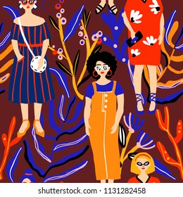 Fashion girl seamless pattern. Model Women, sunglasses, flower background. 