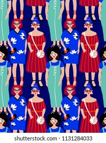 Fashion girl seamless pattern. Model Women, sunglasses, red lipstick. Hand drawn vector illustration. 