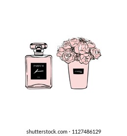 Fashion girl set: french perfume with coffee cup floral with pink flowers. Hand drawn vector illustrations Perfect for invitation, greeting card, poster, print etc., Sketch. Cute stickers for girls.