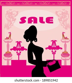 Fashion girl shopping in shoe shop , abstract sale card