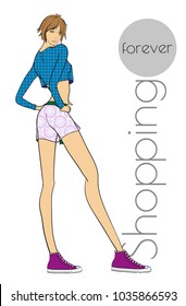 Fashion girl in shorts and blouse. Fashion illustration. Shopping forever