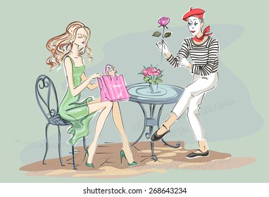 Fashion girl  sitting in cafe and happy with her Paris shopping hand drawn illustration Background 