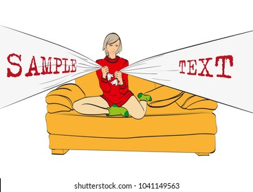 Fashion girl sitting on the couch with strings stretched fabric for text. Cute girl on a sofa on a white background.