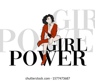 Fashion girl sitting on the inscription Girl Power. 