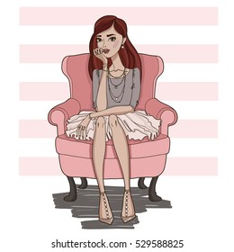 Fashion girl sitting in pink chair. Vector illustration.