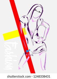 Fashion girl sketch. Fashion illustration. Drawing fashion model