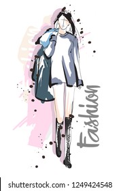 Fashion girl sketch. Fashion illustration. Drawing fashion model