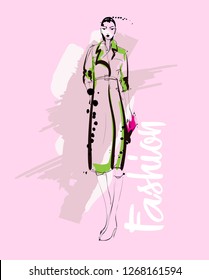 Fashion girl sketch. Fashion illustration. Drawing fashion model