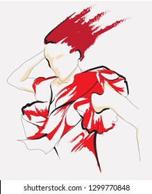 Fashion girl sketch. Fashion illustration. Drawing fashion model on a abstract background