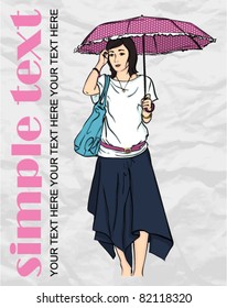 Fashion girl in sketch style on a paper-background. Vector illustration. Place for your text.