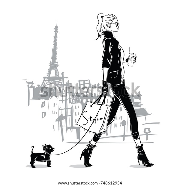 Fashion Girl Sketch Style Small Doggie Stock Vector Royalty Free