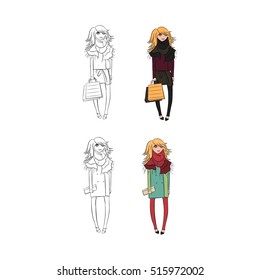 Fashion girl sketches. Line  vector illustration.