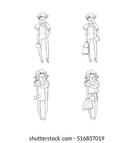 Fashion girl sketches. Line  vector illustration.