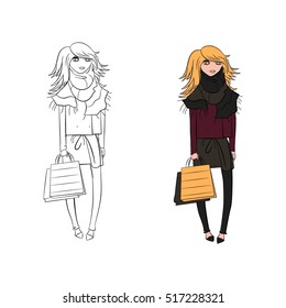 Fashion girl sketches. Line  vector illustration.