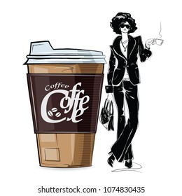 Fashion girl in sketch-style with big cup of cofe. Vector illustration.