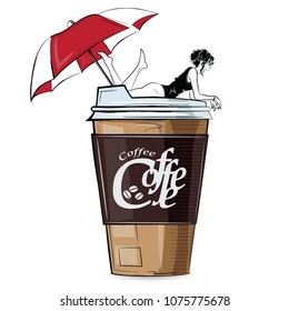 Fashion girl in sketch-style with big cup of cofe. Vector illustration.