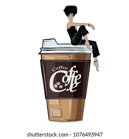 Fashion girl in sketch-style with big cup of cofe. Vector illustration.
