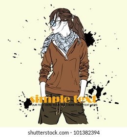 Fashion girl in sketch-style on a dirty background .Vector illustration.