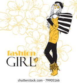 Fashion girl in sketch-style on a floral background.Vector illustration.