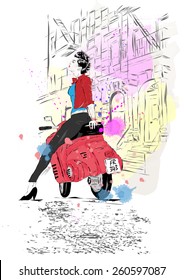 Fashion girl in sketch-style. Vector illustration. The girl goes on a moped