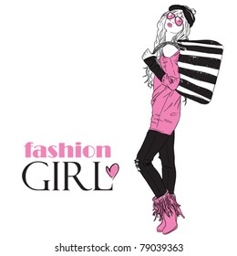Fashion girl in sketch-style.Vector illustration.
