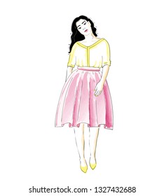 Fashion girl in a skirt and blouse or dress. Classic feminine style wardrobe. Vector