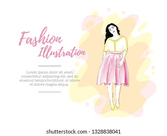 Fashion girl in a skirt and blouse or dress. Classic feminine style wardrobe. Beauty template.