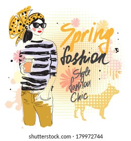  Fashion girl and spring flowers. vector illustration