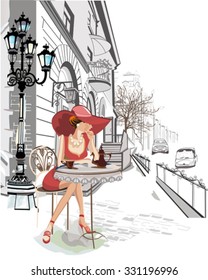 Fashion Girl In The Street Cafe.