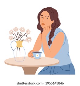 Fashion girl in the street cafe with flowers.Feeling happy and joyful.Simple Hand drawn illustration