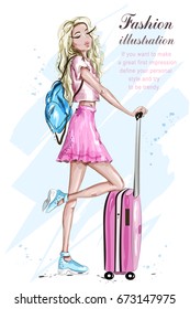 Fashion girl with suitcase. Stylish blonde hair woman in fashion clothes. Sketch. Travel set. Vector illustration.