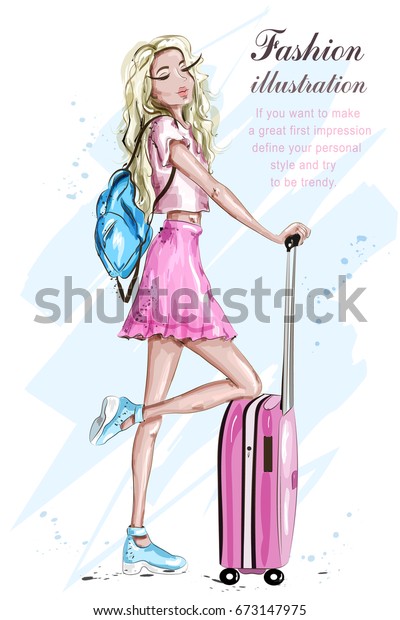 Fashion Girl Suitcase Stylish Blonde Hair Stock Vector Royalty