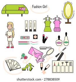 Fashion girl surrounding different stuff, clothes, cosmetics, furniture, vector illustration, line art design, icons, lipstick,heels, perfume, gloves, fan,clutch, hairpin, wardrobe