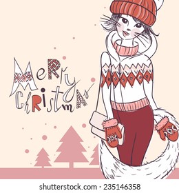 Fashion Girl in a Sweater, Christmas Background, Eps 10 Vector Illustration
