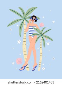 Fashion girl with swimsuit and palm trees. Holiday or vacation summer backrground.