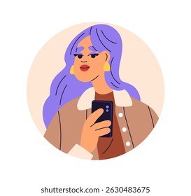 Fashion girl taking photo with mobile phone in hand, face avatar. Young modern woman posing with smartphone, user profile, head portrait. Flat vector illustration isolated on white background