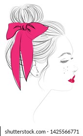 Fashion girl with top bun and a bow vector hairstyle illustration. Lovely girl with freckles, pink lips and long eyelashes. 