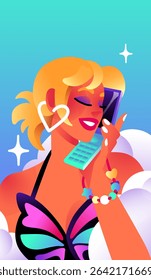 Fashion girl with trendy jewelry calls on the phone. Avatar of talking by the smartphone young woman in stylish bikini. Female portrait with person communicating by telephone. Flat vector illustration